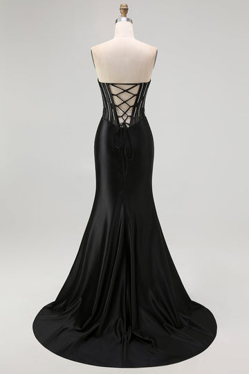 Robe De Soirée longue corset sirène sans bretelles noire avec lacets dans le dos